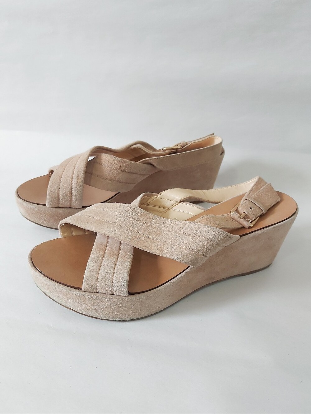 J.Crew Women Darcy Coastal Suede Wedge Sandals Size 8 Beige Retro Platform Heel